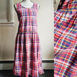 VINTAGE 80s Primary Color Plaid Button Down Drop Waist Prairie Fit Flare Dress
